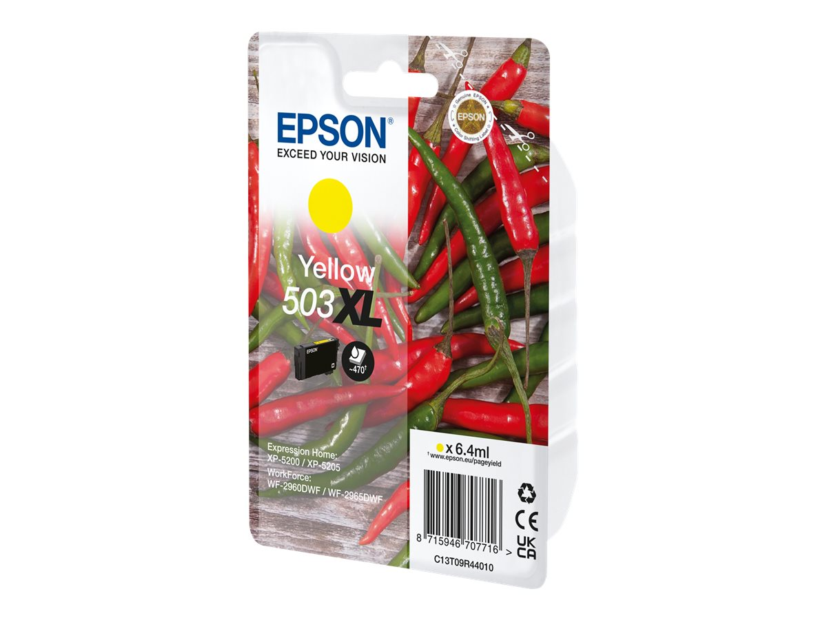 Epson gelbe Tintenpatronenverpackung mit Paprika im Hintergrund. Text: 'Yellow 503 XL'.