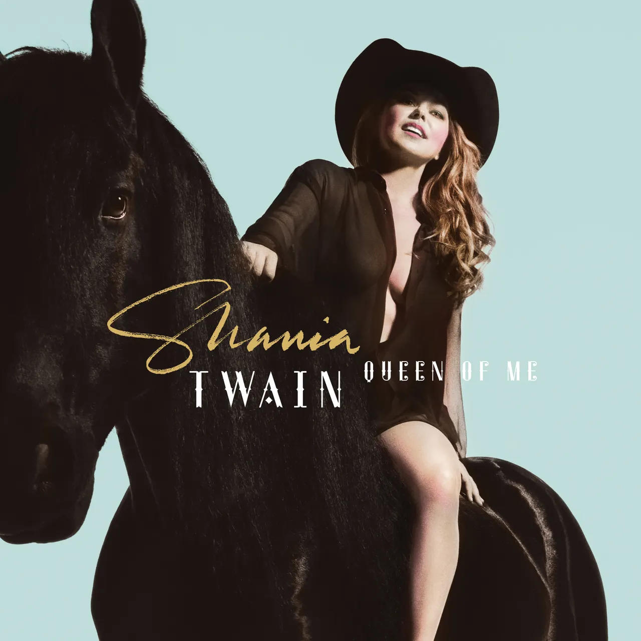 Shania Twain auf schwarzem Pferd, Albumcover mit Text.