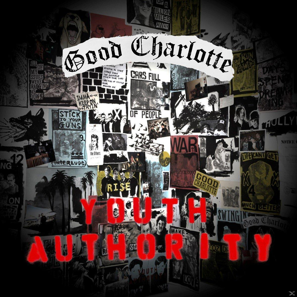 A Good Charlotte "Youth Authority" album borítója. Különböző képek, piros "YOUTH AUTHORITY" felirat.