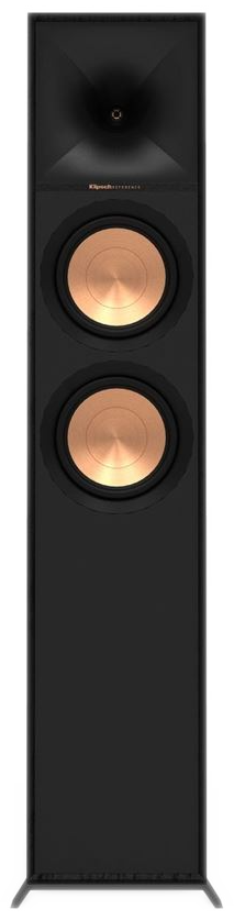 Haut-parleur noir avec deux woofers en cuivre et un tweeter. Base noire. Fond blanc.