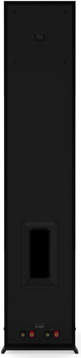 Haut-parleur noir, vue arrière, avec entrées et texte.
