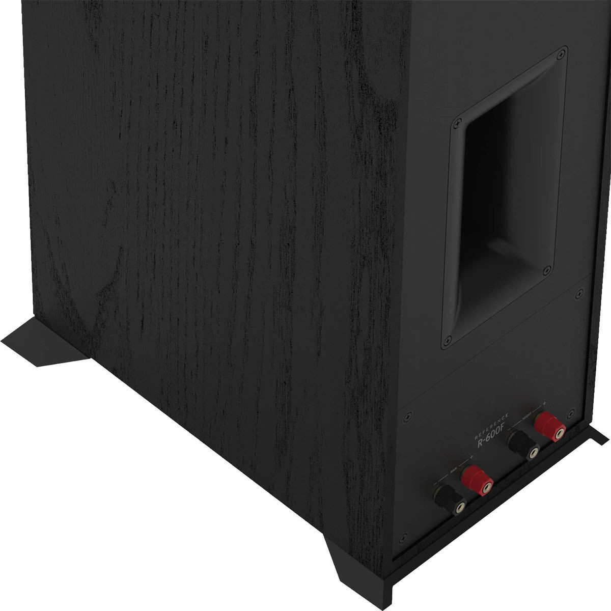 Un haut-parleur noir avec un port visible et des points de connexion. Finition en bois noir.