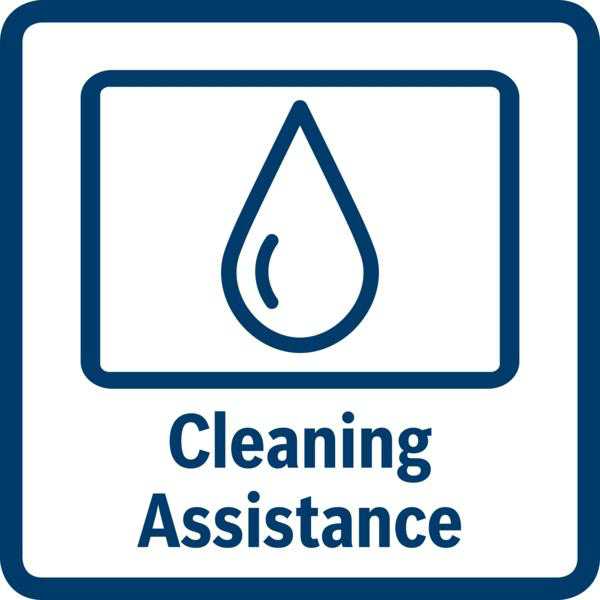 Blaues quadratisches Symbol mit Wassertropfen und dem Text 'Cleaning Assistance'.