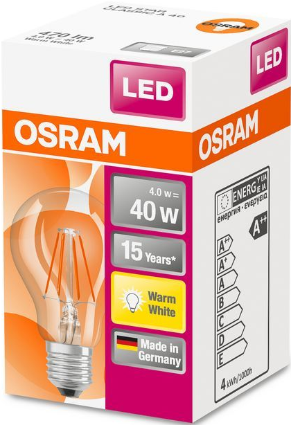 OSRAM LED-Glühbirnenverpackung. Die Box zeigt eine Glühbirne und Produktinformationen.