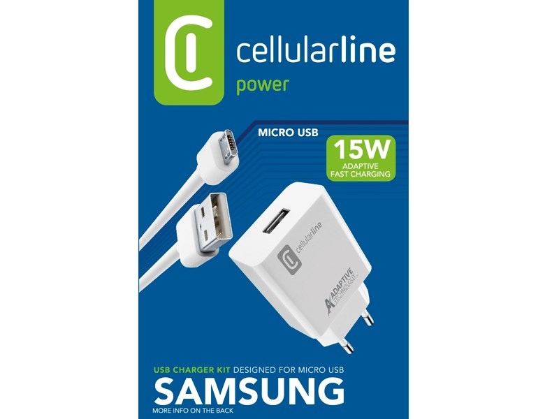 Kit cargador Cellularline Power para dispositivos Micro USB, incluye cargador y cable. 15W Carga Rápida Adaptativa.