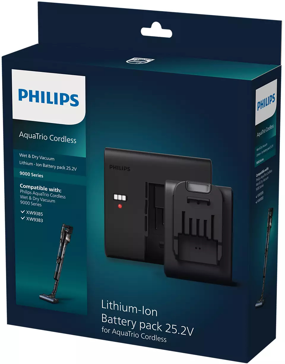 Karton eines Philips AquaTrio Cordless Staubsaugers. Die Box ist dunkelblau und weiß mit Staubsauger.