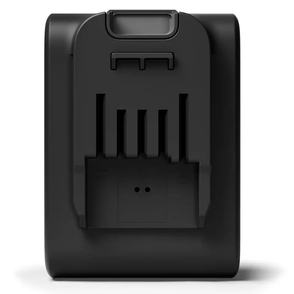 Ein schwarzes Akkupack von hinten betrachtet, mit Ladeanschlüssen. Das Pack ist rechteckig.