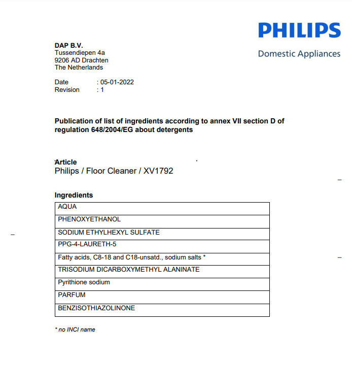 Dokument mit Zutatenliste für Philips Bodenreiniger, AQUA, Phenoxyethanol usw.