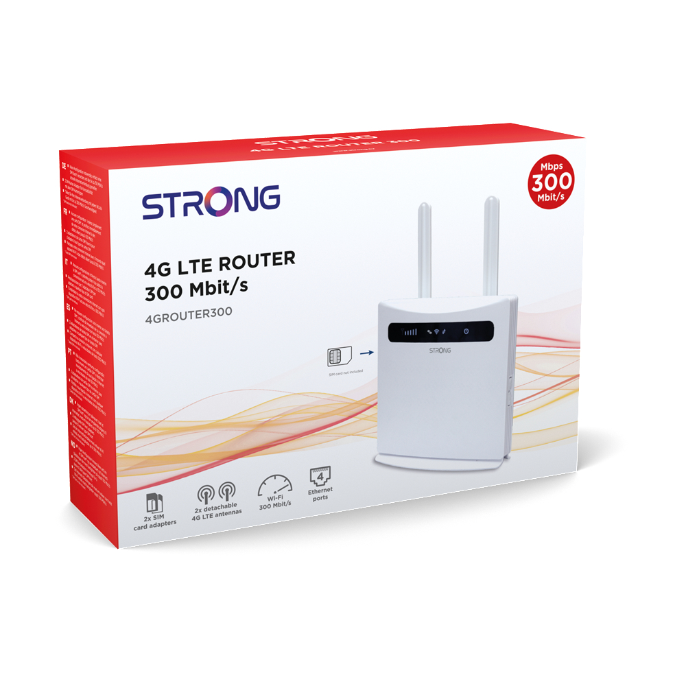 Weiße Routerbox mit Router. Text: '4G LTE ROUTER 300 Mbit/s'. Roter Text mit Geschwindigkeit.