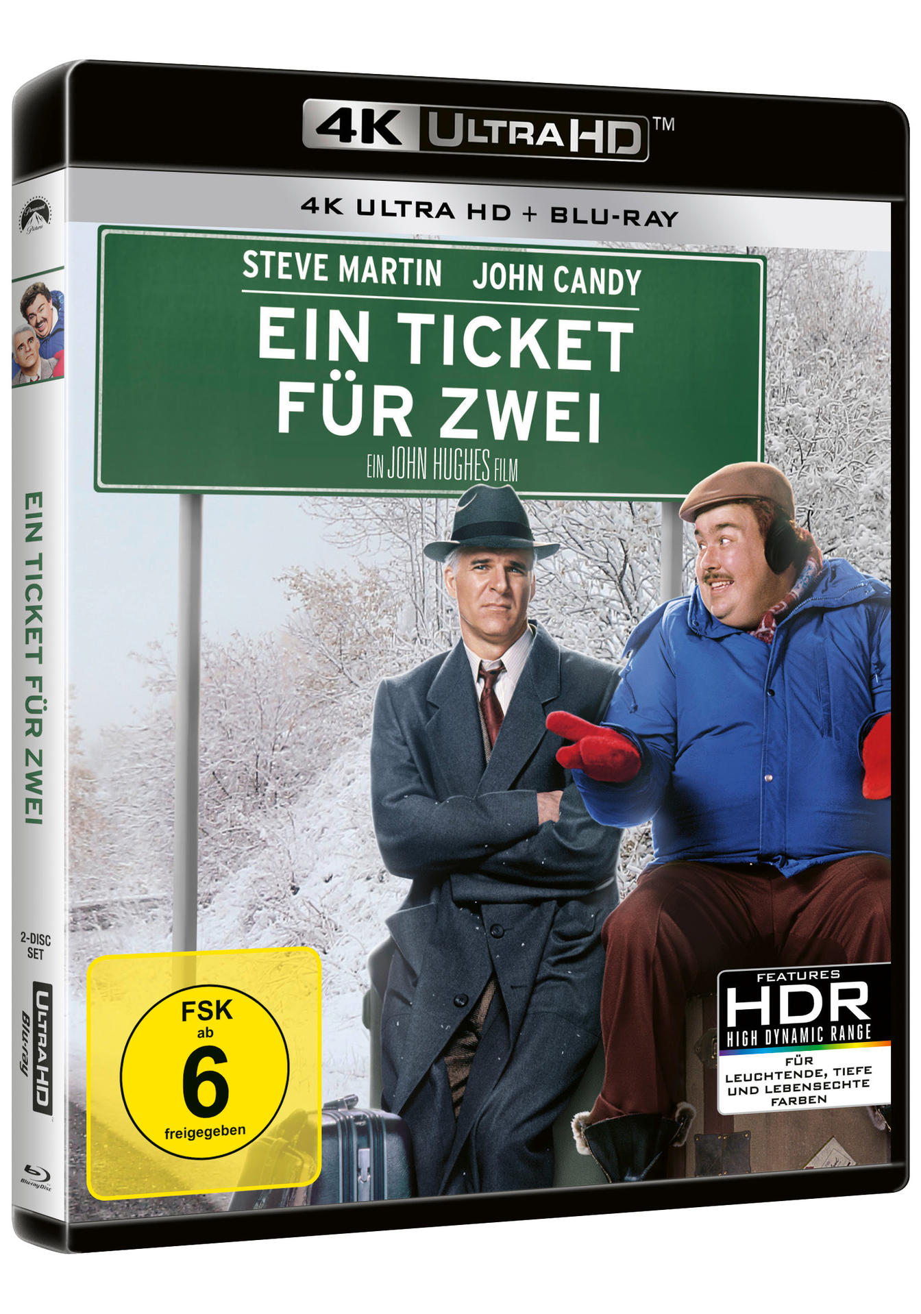 DVD-Cover: Zwei Männer in Winterkleidung, Titel „Ein Ticket für Zwei“, Bewertung ist FSK 6, mit verschneitem Hintergrund.