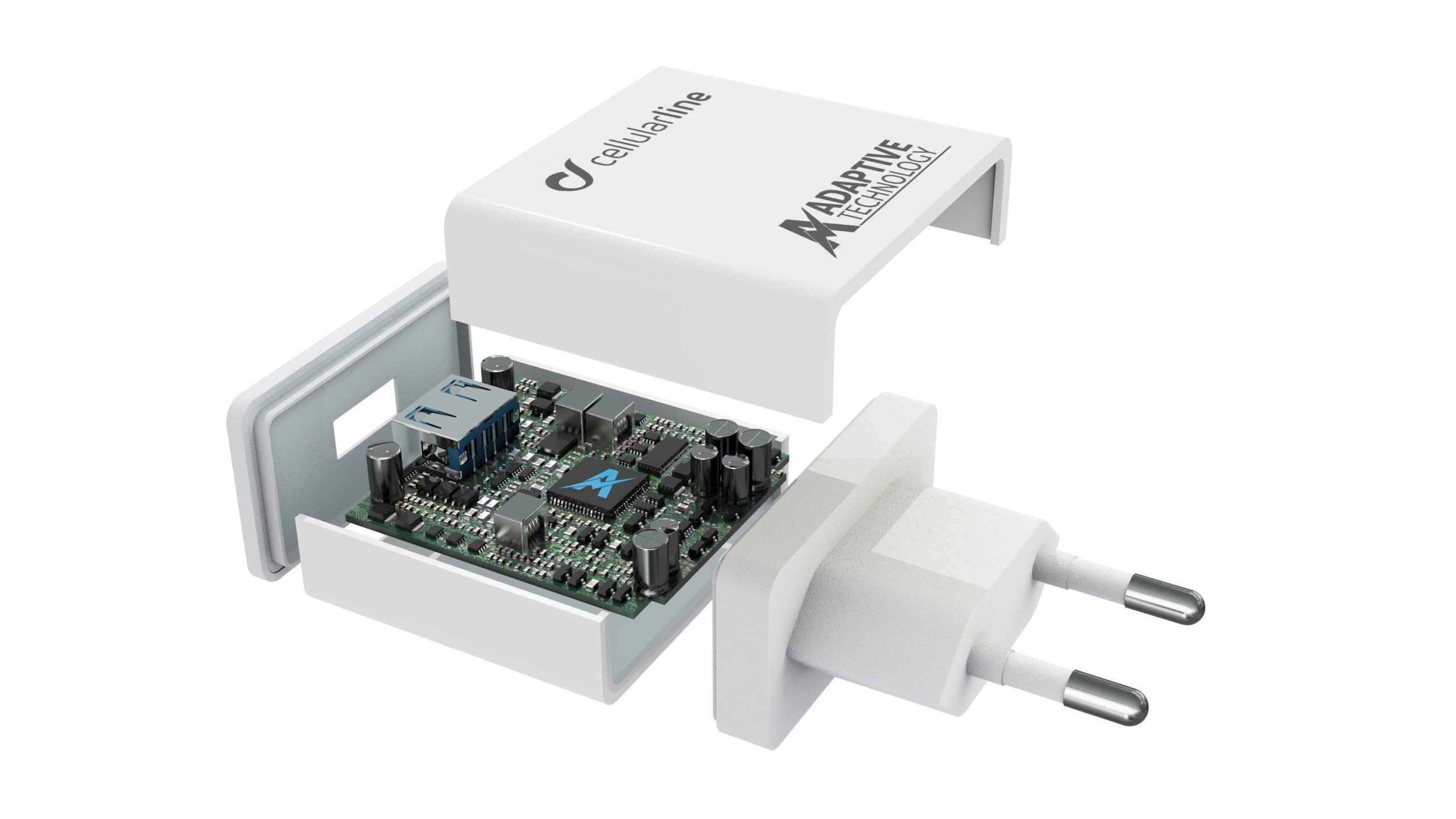 Cargador Cellularline blanco con tapa parcialmente abierta. En el interior hay una placa de circuito.