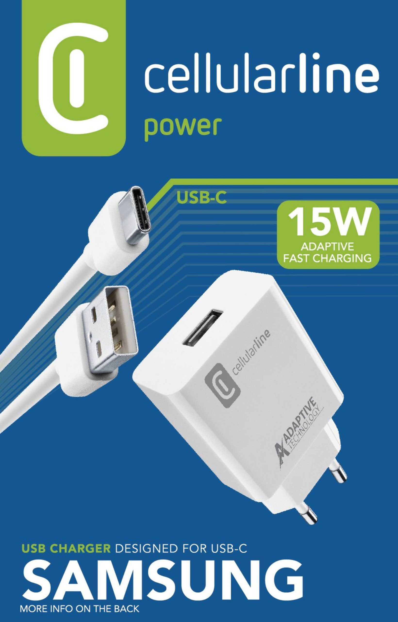 Cargador blanco con puerto USB-C. Cables blancos y texto 'USB CHARGER DESIGNED FOR USB-C SAMSUNG'.
