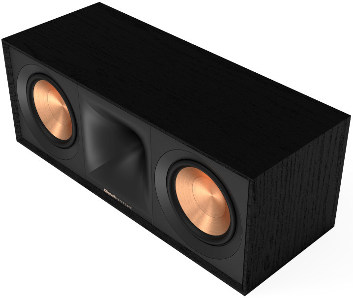 Zwarte luidspreker met koperkleurige conussen, schuine weergave. Klipsch-logo zichtbaar.