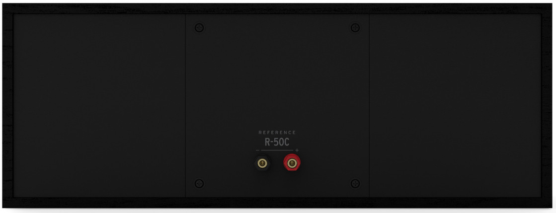 Achteraanzicht van een zwarte luidspreker met twee gouden en rode connectoren.