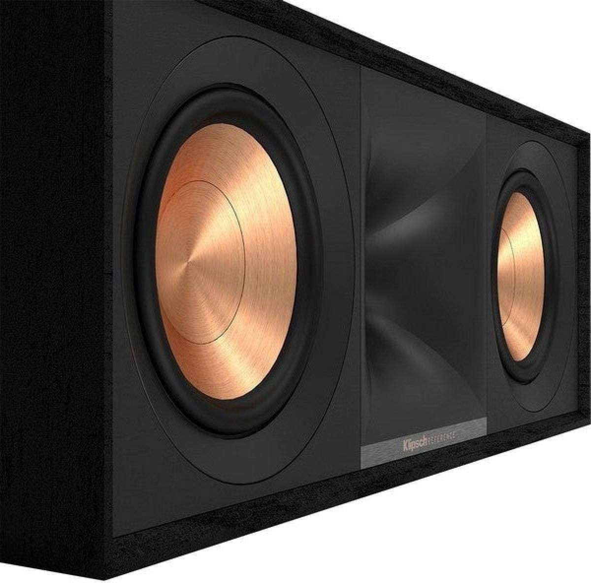 Een zwarte soundbar met twee koperen luidsprekers, het Klipsch Reference logo is zichtbaar.
