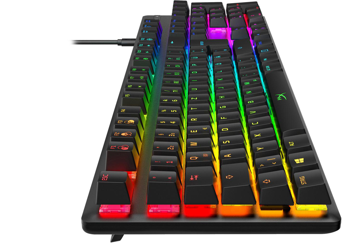 Eine schwarze Gaming-Tastatur mit regenbogenfarben beleuchteten Tasten. Die Tasten sind mit Buchstaben, Zahlen und Symbolen beschriftet.