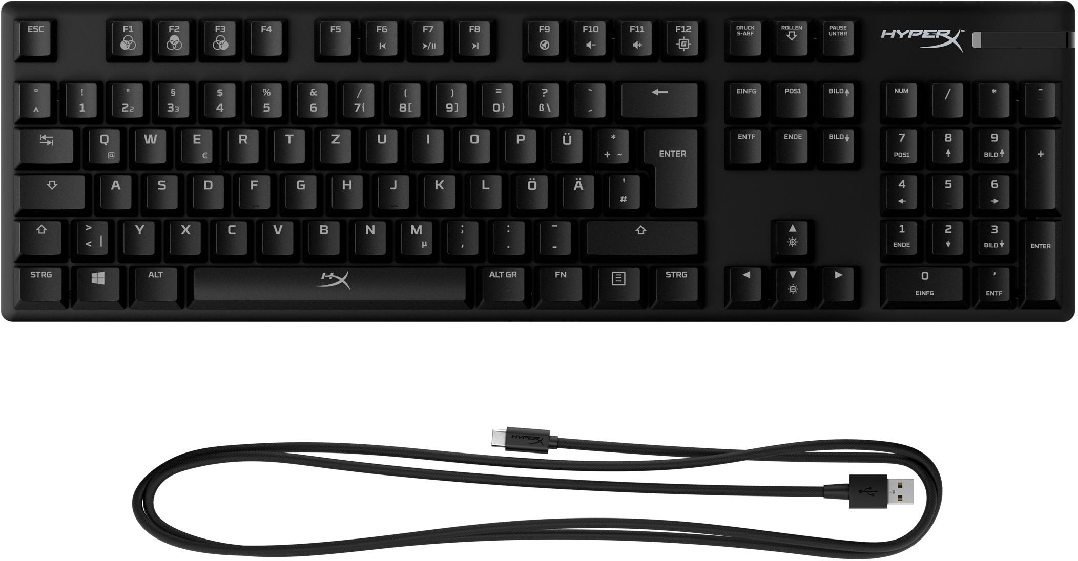 Schwarze mechanische HyperX-Tastatur mit Kabel. Tasten sind mit Buchstaben, Zahlen und Symbolen beschriftet. Der Hintergrund ist weiß.