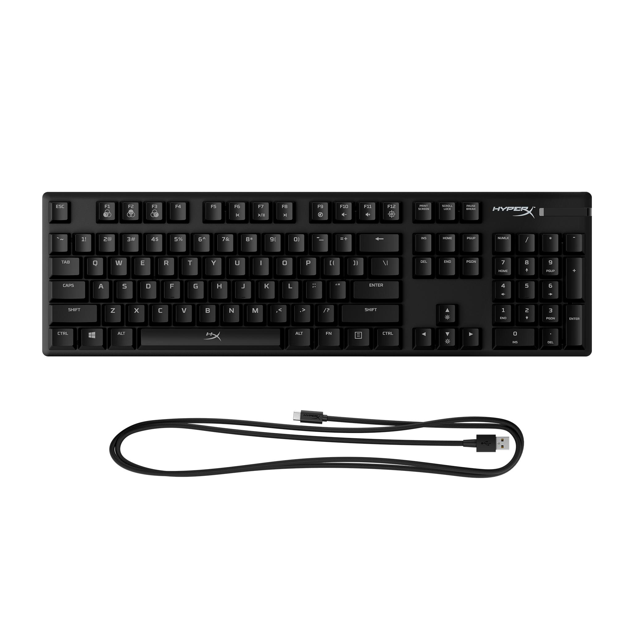 Schwarze HyperX-Tastatur mit Tasten. Ein USB-Kabel ist angeschlossen. Es befindet sich auf weißem Hintergrund.