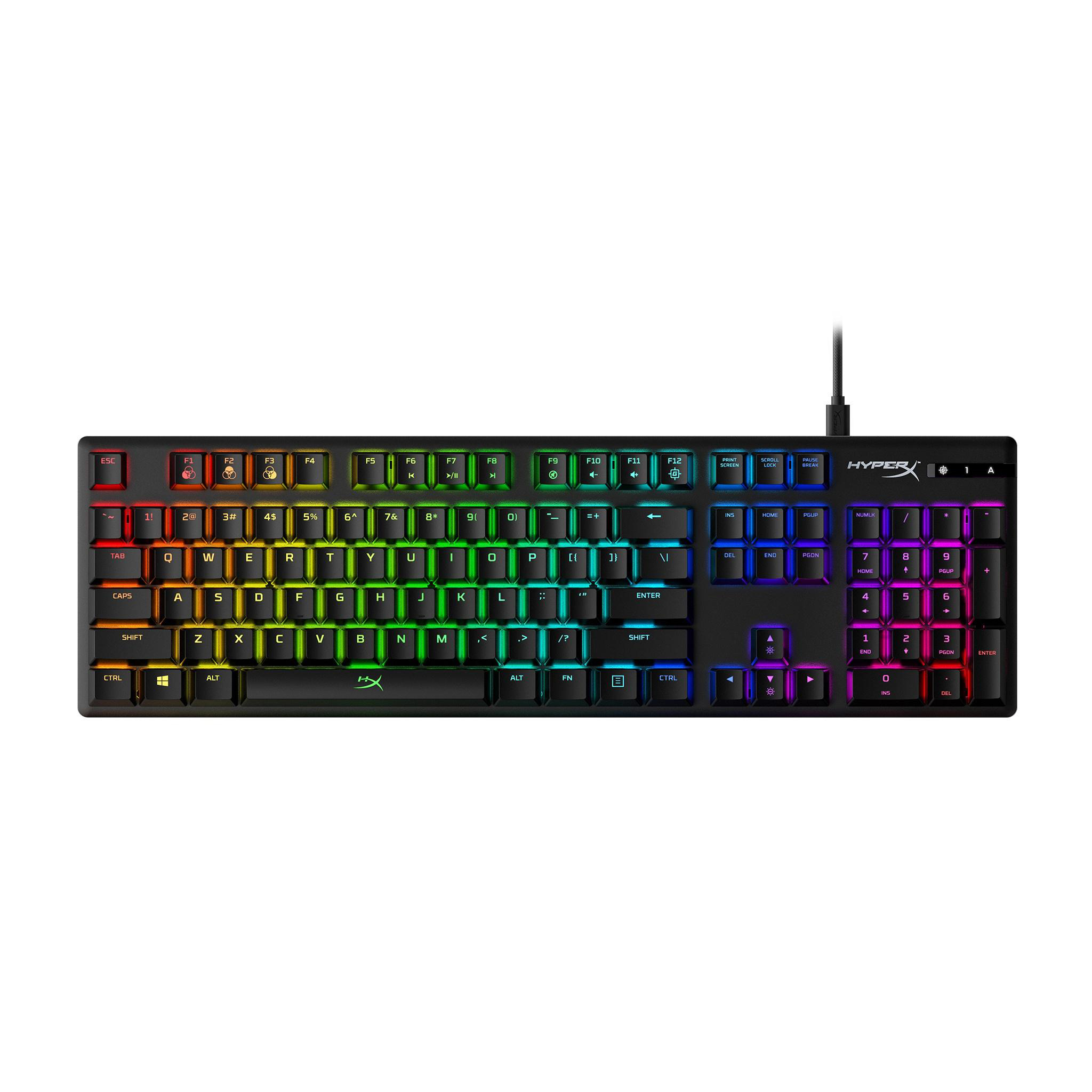 Schwarze HyperX-Tastatur mit mehrfarbigen Tasten und angeschlossenem Kabel. Die Tasten sind farbig beleuchtet.