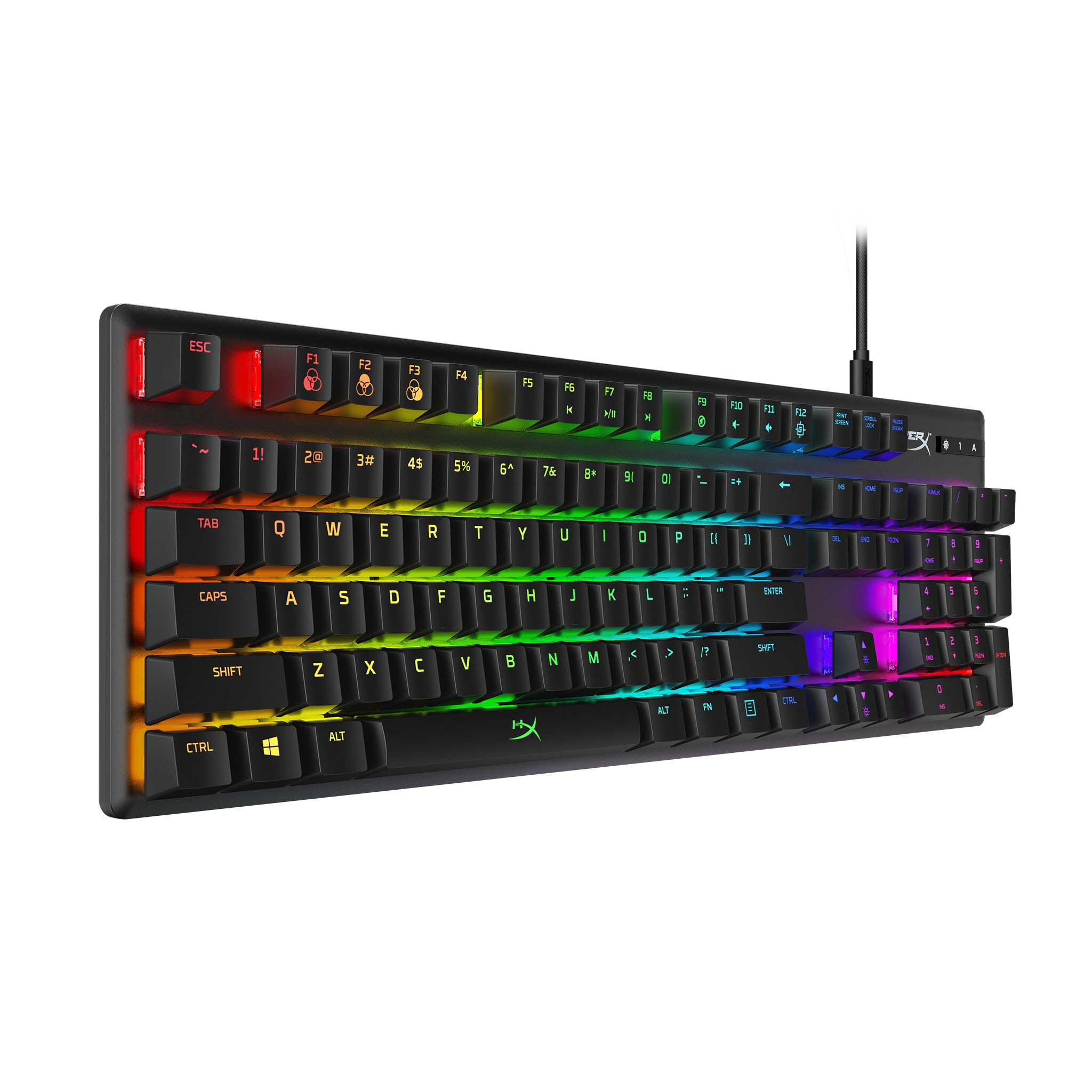 Eine schwarze mechanische HyperX-Tastatur mit beleuchteten Tasten. Die Tasten zeigen Buchstaben, Zahlen und Symbole.