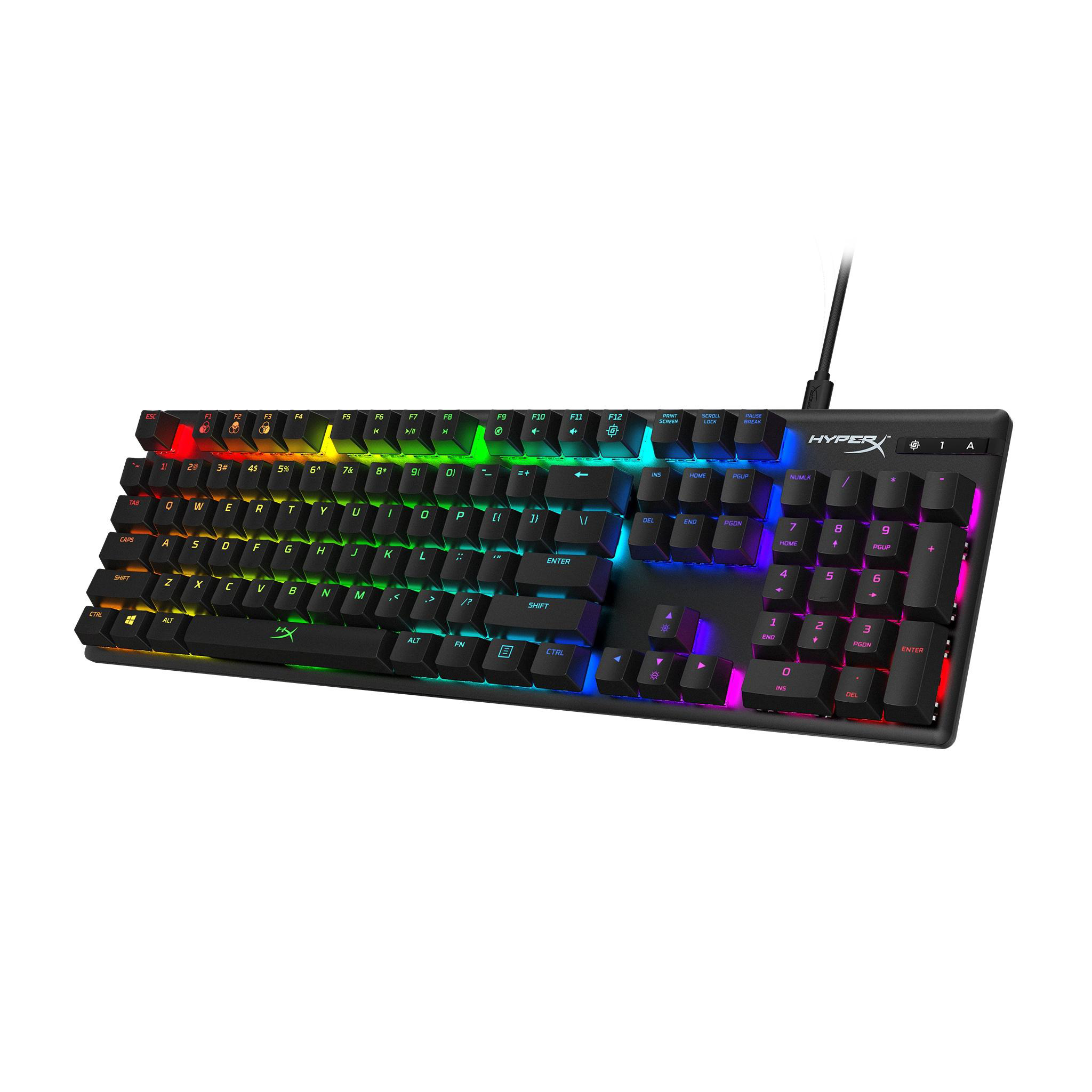 Schwarze Gaming-Tastatur mit beleuchteten Tasten. Merkmale sind Funktionstasten, Nummernblock und HyperX-Logo.