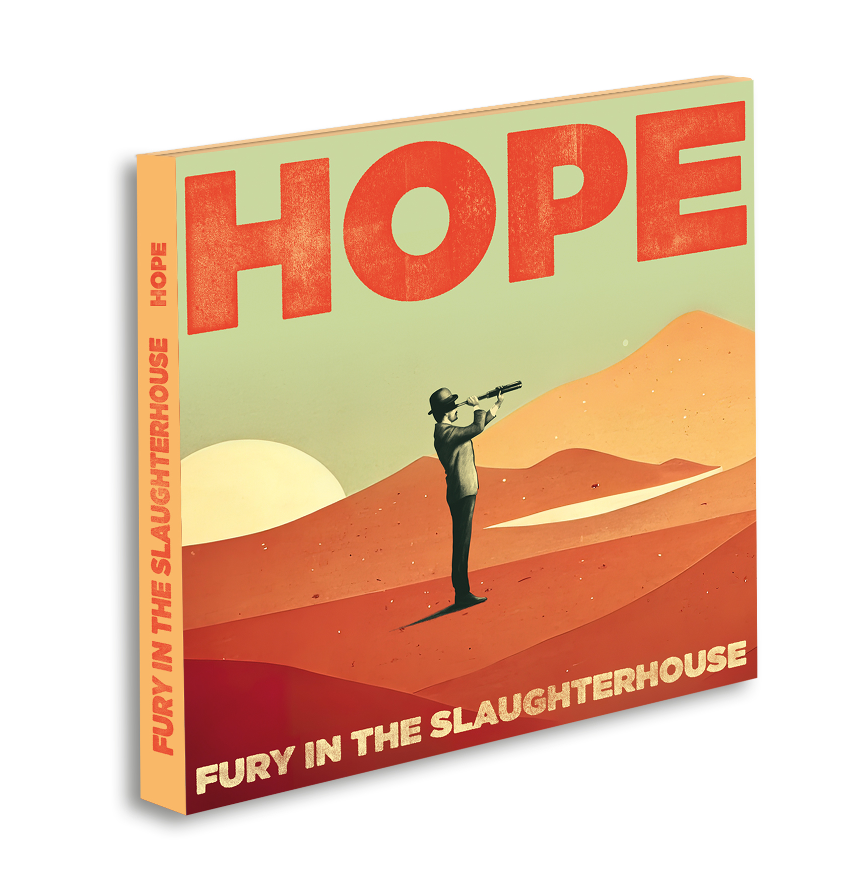 Buchcover: Mann schaut durch Fernglas in der Wüste. Titel: Fury in the Slaughterhouse.