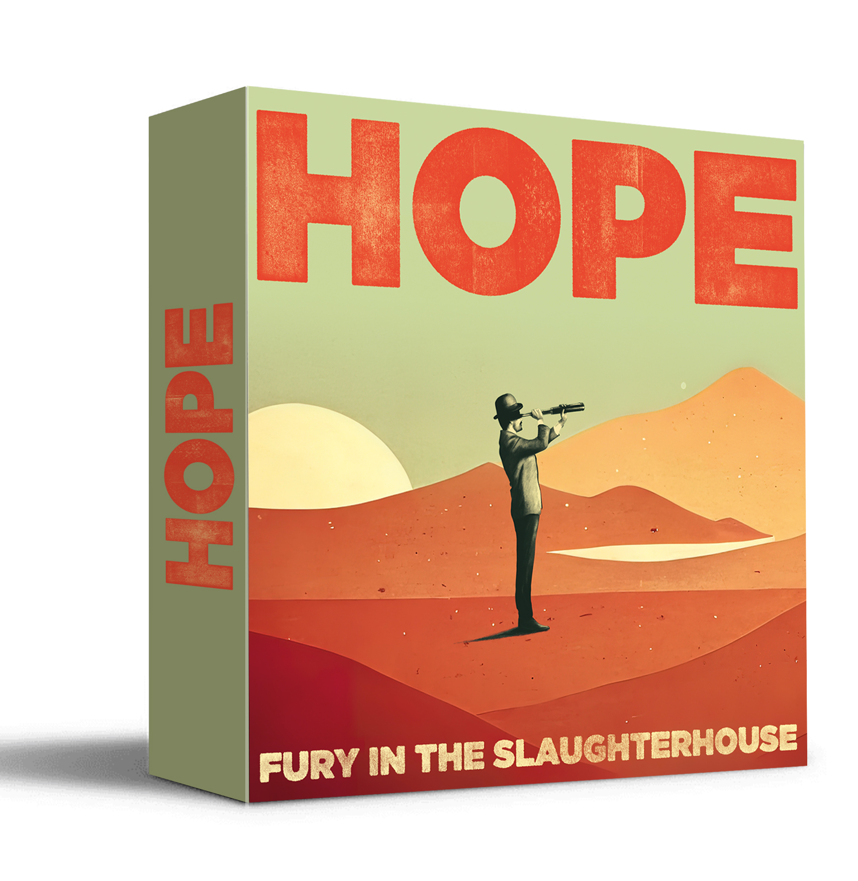 Buchcover mit Illustration eines Mannes mit Teleskop in Wüstenlandschaft. Das Wort HOPE steht oben.