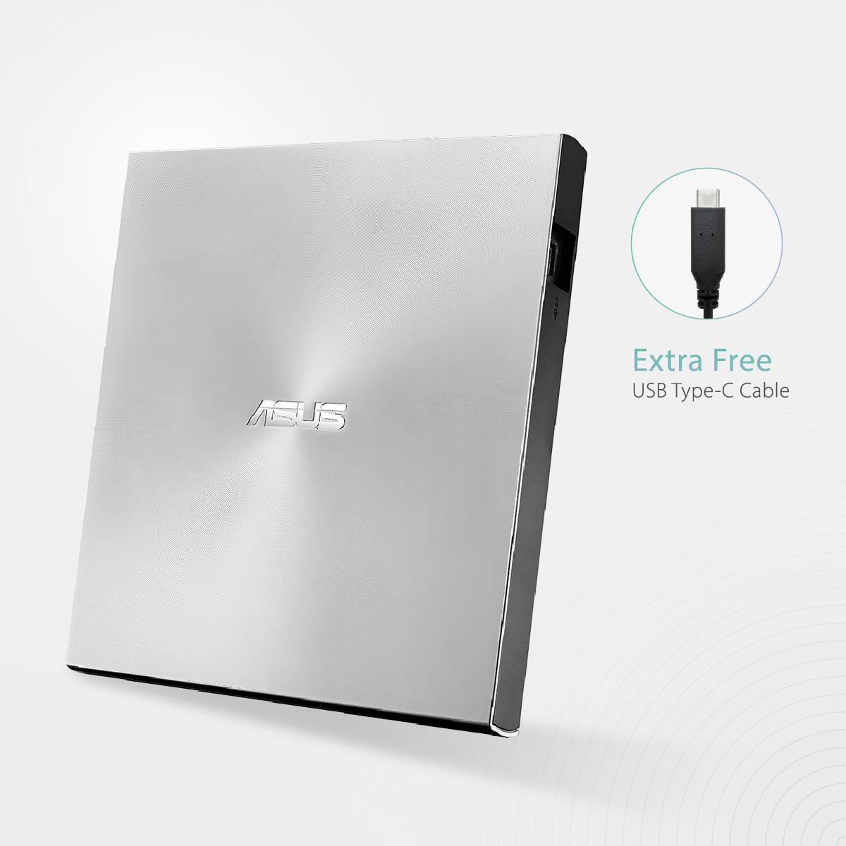 Silbernes externes ASUS DVD-Laufwerk mit USB-C-Kabel vor weißem Hintergrund.