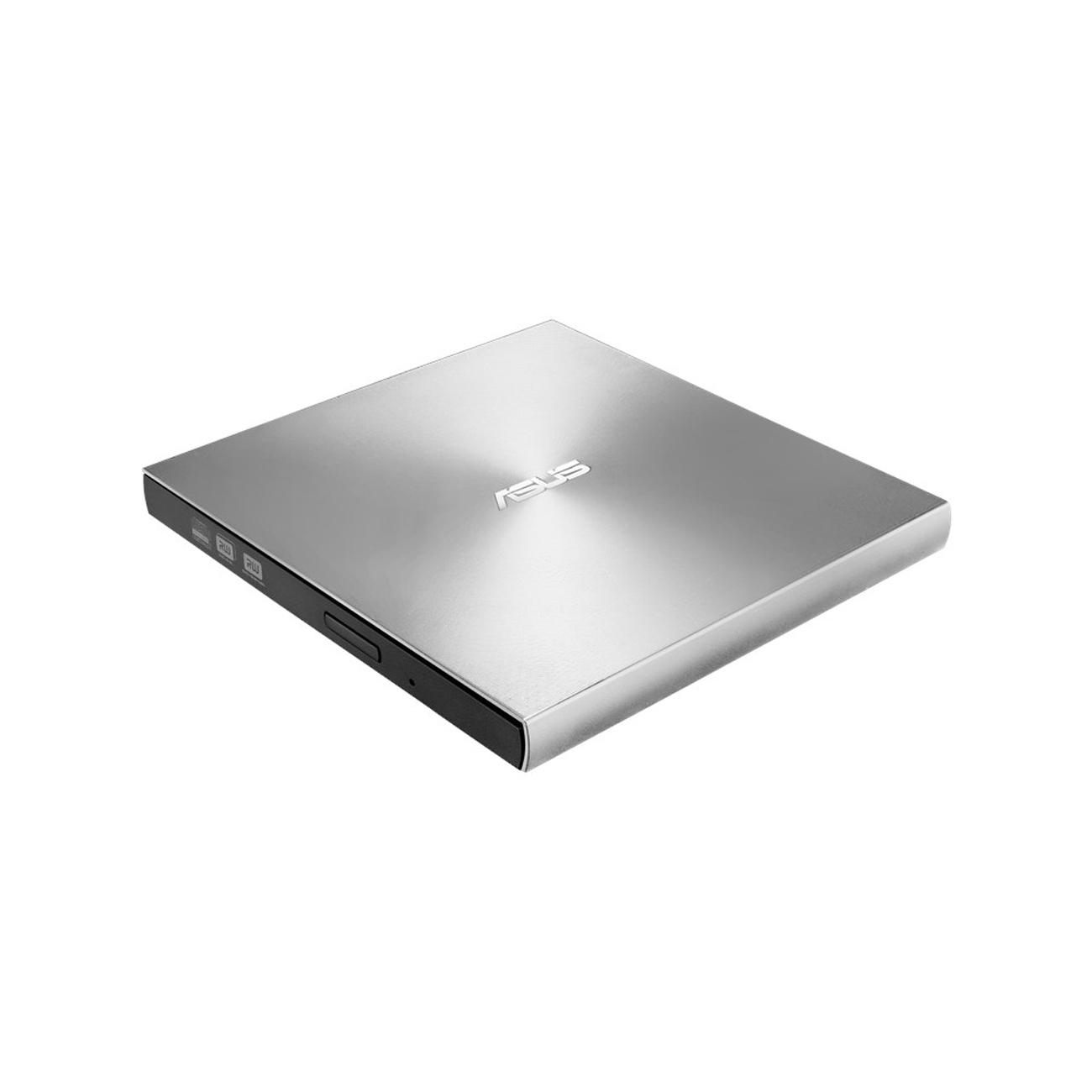 Silbernes externes ASUS DVD-Laufwerk, Draufsicht, auf weißem Hintergrund. ASUS-Logo zentriert.