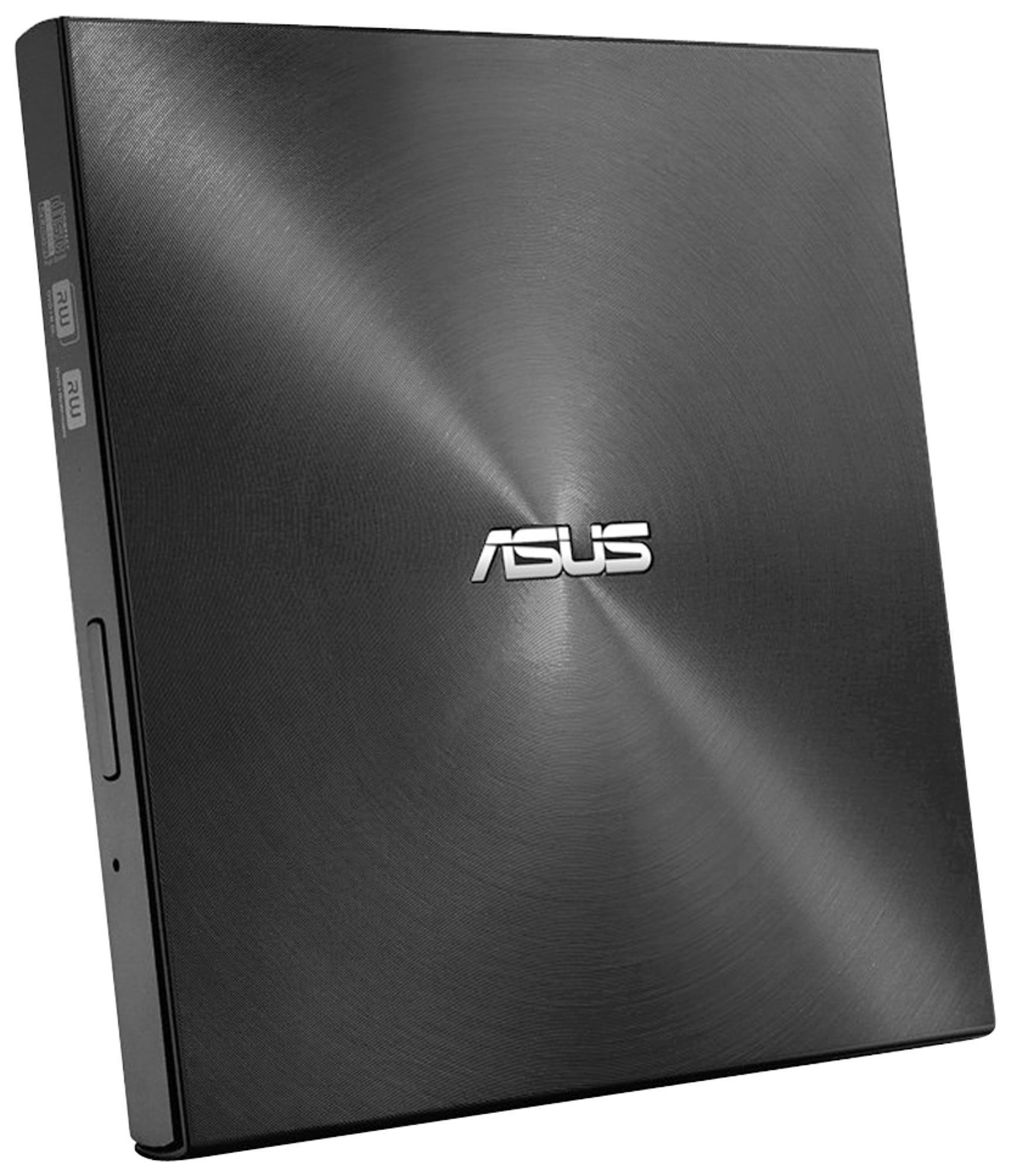 Schwarzes externes DVD-Laufwerk von ASUS. Die Oberfläche hat ein kreisförmiges Muster.