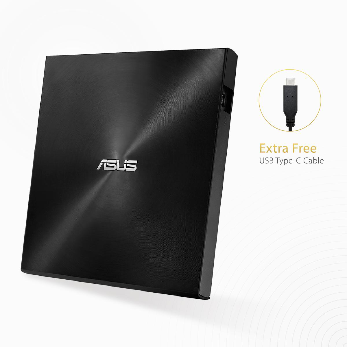 Schwarzes externes ASUS-Laufwerk mit USB-C-Kabel und Text: Extra Free USB Type-C Cable.