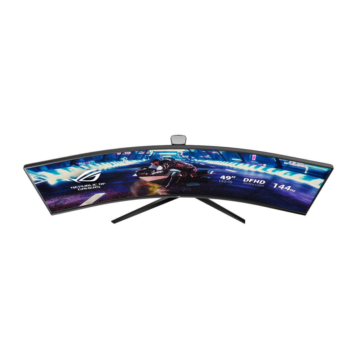 Curved gaming monitor with a motorcycle game displayed. Black background.
