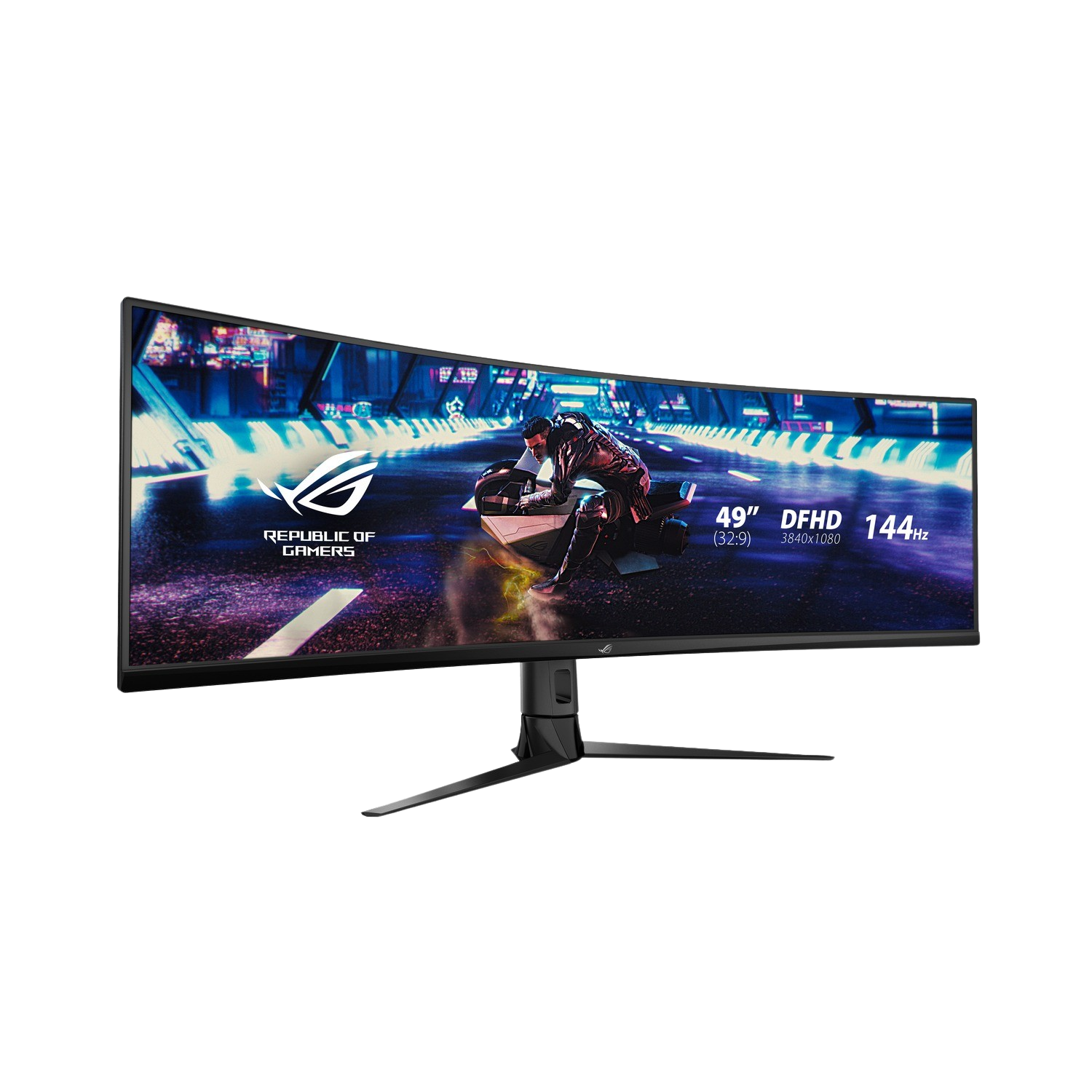 Curved gaming monitor with a man riding a motorcycle on the screen. Black stand.