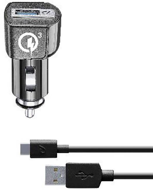 Cargador de coche negro con puerto USB, etiquetado con el número 3. Un cable USB a USB-C debajo.