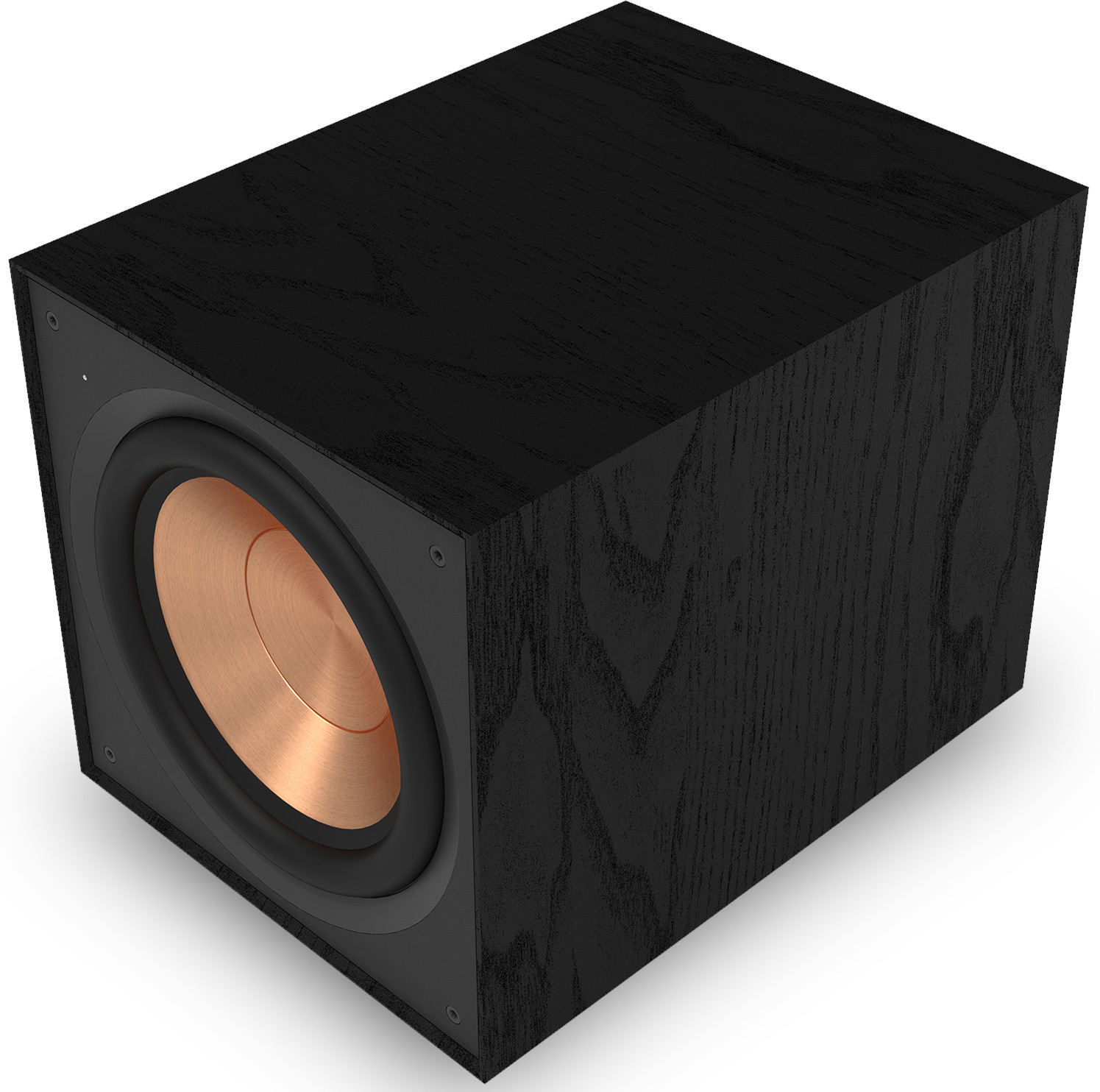 Haut-parleur de caisson de basses noir. Cône de haut-parleur de couleur cuivre. Côtés en bois et façade en maille noire.