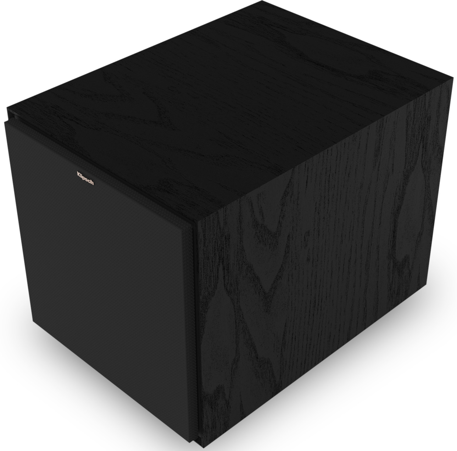 Un caisson de basses Klipsch noir sur fond blanc, vue de dessus.