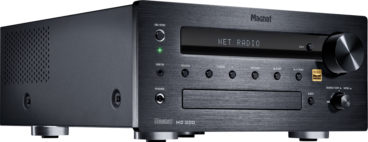 Schwarzer Audio-Receiver mit Display, das 'NET RADIO' zeigt. Hat Knöpfe, Display und Drehregler.