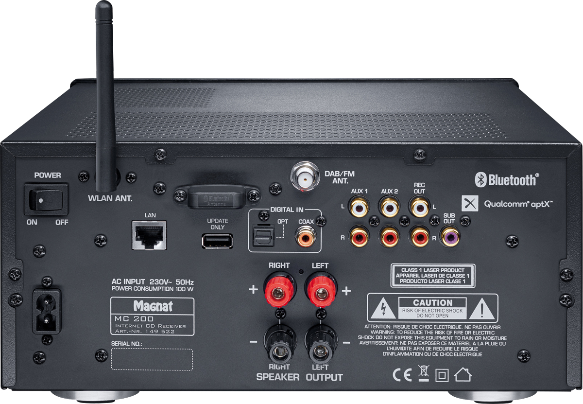 Rückansicht des schwarzen Audio-Receivers mit verschiedenen Anschlüssen, inkl. Lautsprecherausgänge und Antenne.
