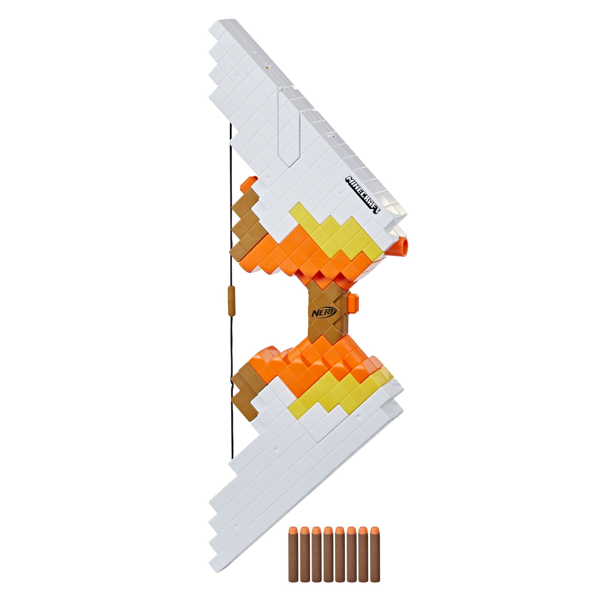 Nerf Minecraft Bogen und Darts. Weißer Bogen mit orange-braunem Design. Darts sind braun.