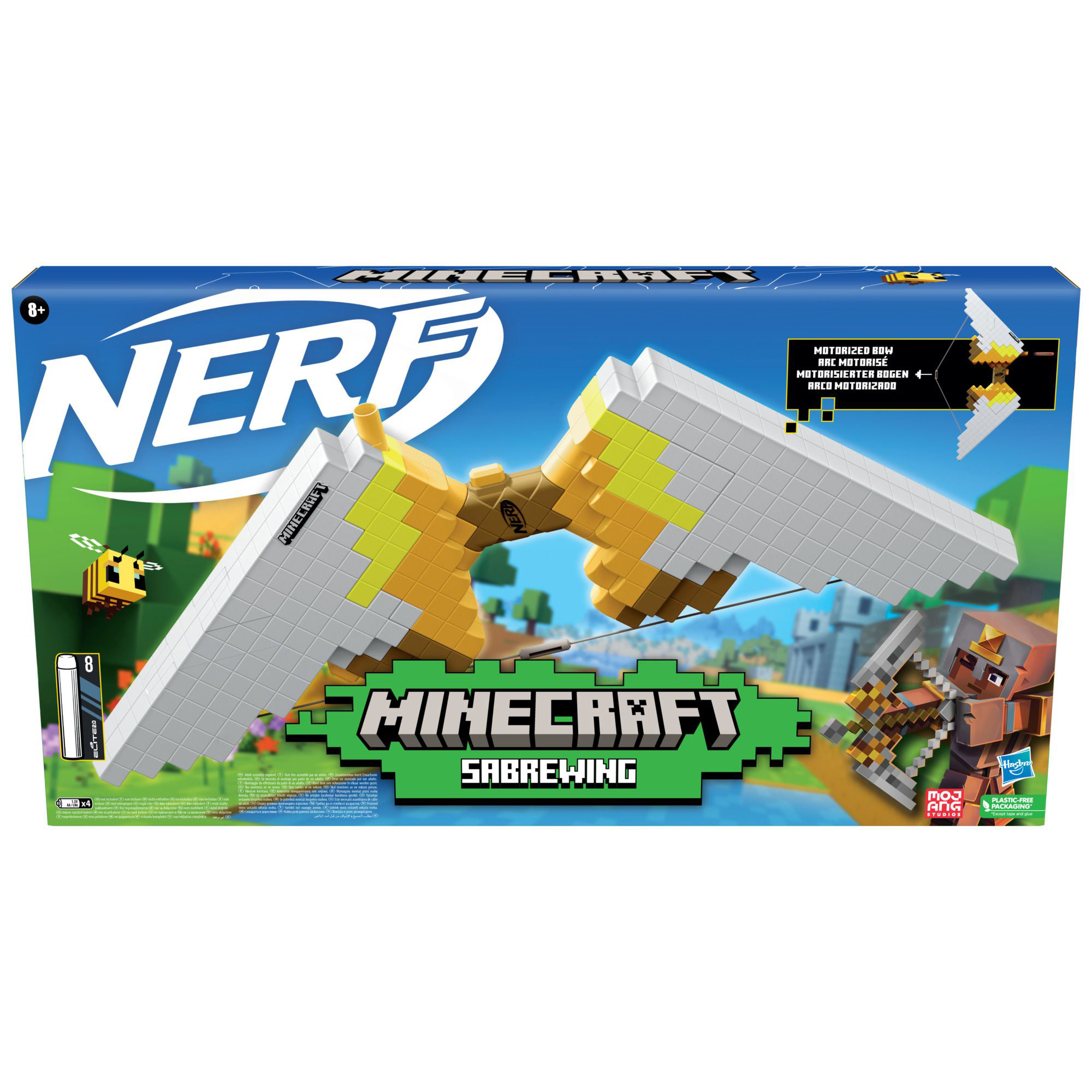 Nerf Minecraft Spielzeugkiste. Enthält einen motorisierten Bogen mit Flügeln, eine Biene und eine Minecraft-Szene.