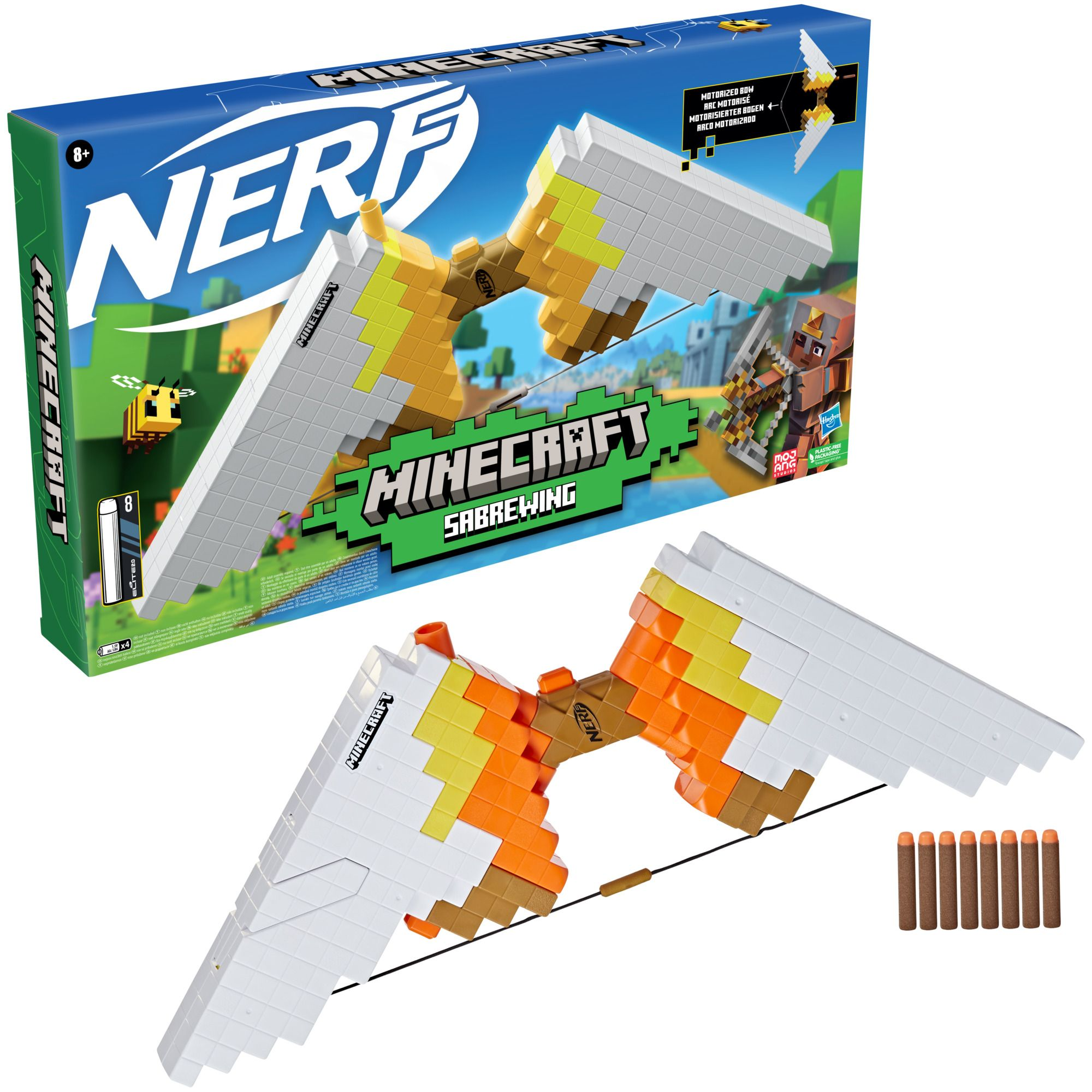 Nerf Minecraft Sabrewing Spielzeugpistole mit Box. Hat weiße Flügel, orange und gelbe Akzente, Darts.