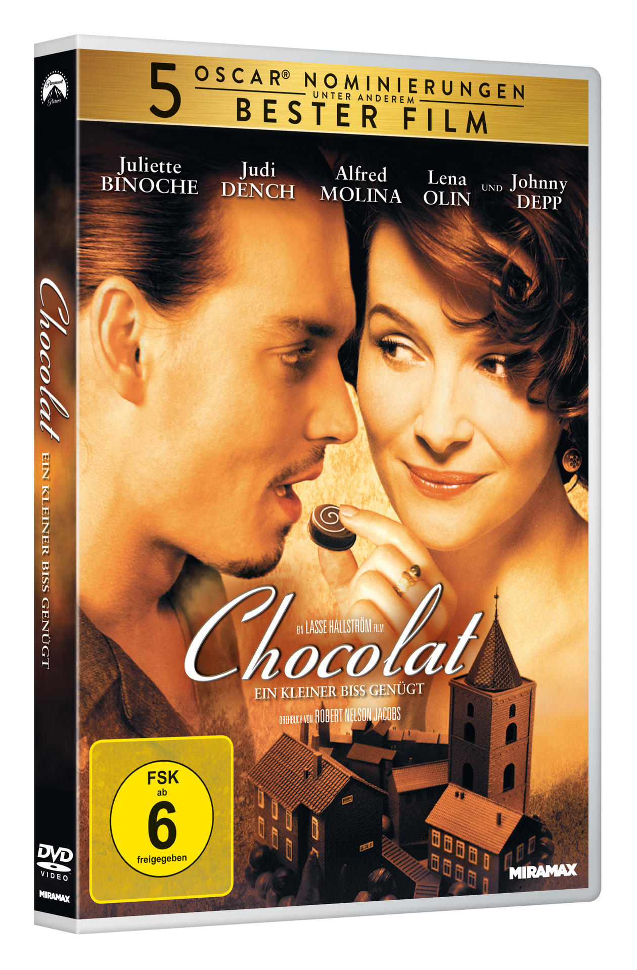 DVD-Cover von Chocolat. Johnny Depp und Juliette Binoche stehen im Mittelpunkt.