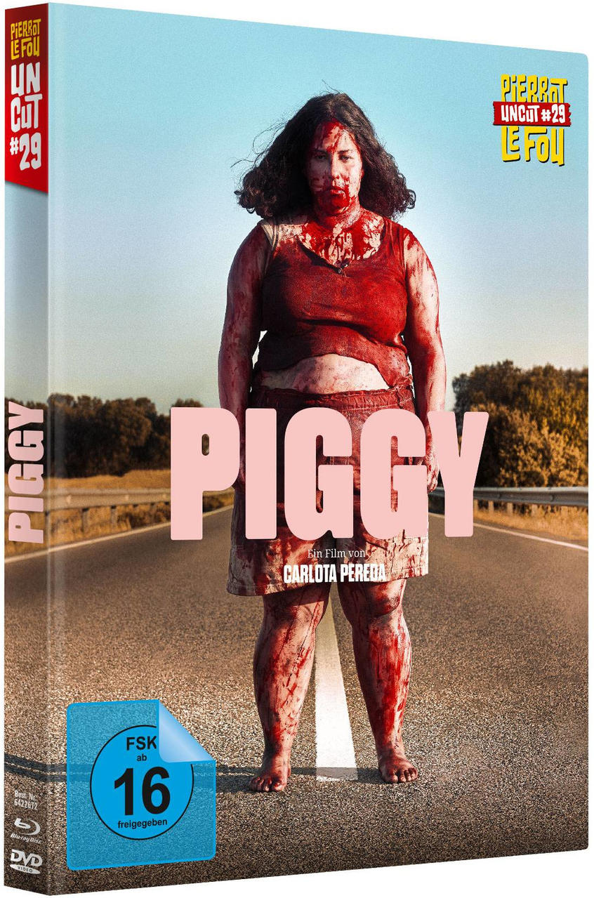 Filmcover mit blutüberströmter Frau. Der Titel lautet PIGGY.