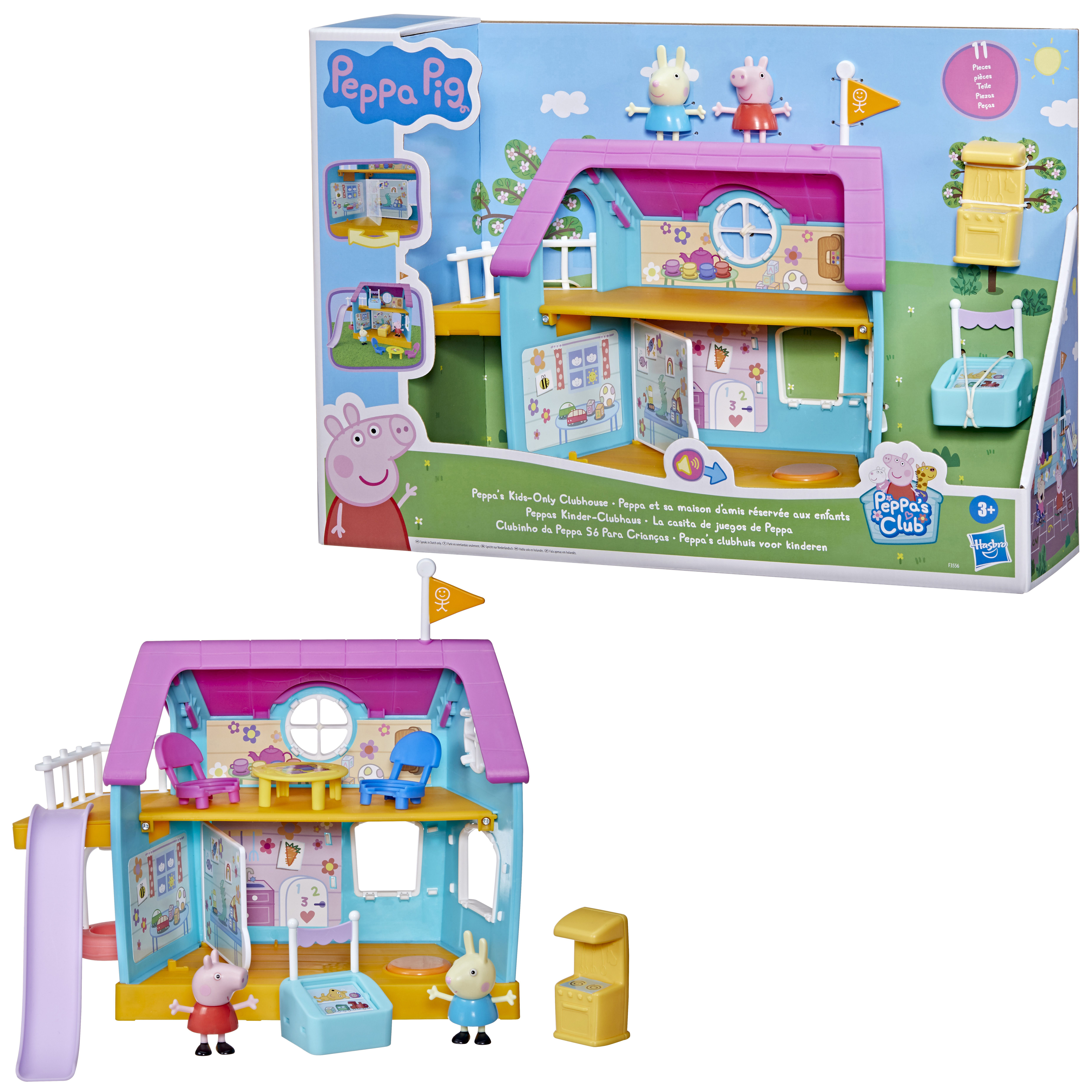 Peppa Pig Spielset: rosa Haus mit Figuren und Zubehör. Box zeigt das gleiche Setup.