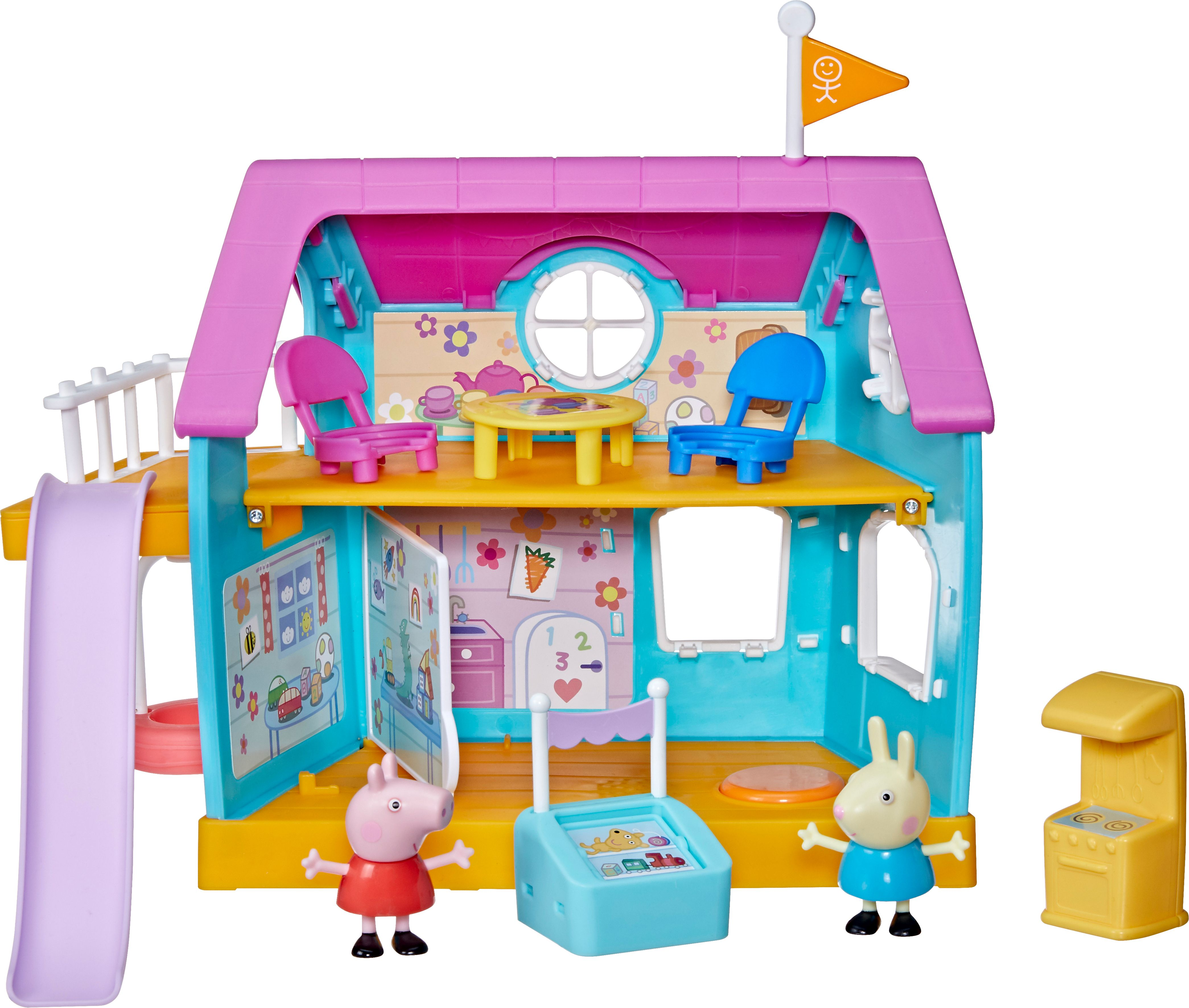 Ein Spielzeughaus mit Peppa Wutz und einem Hasen, mit Rutsche und gelbem Ofen.