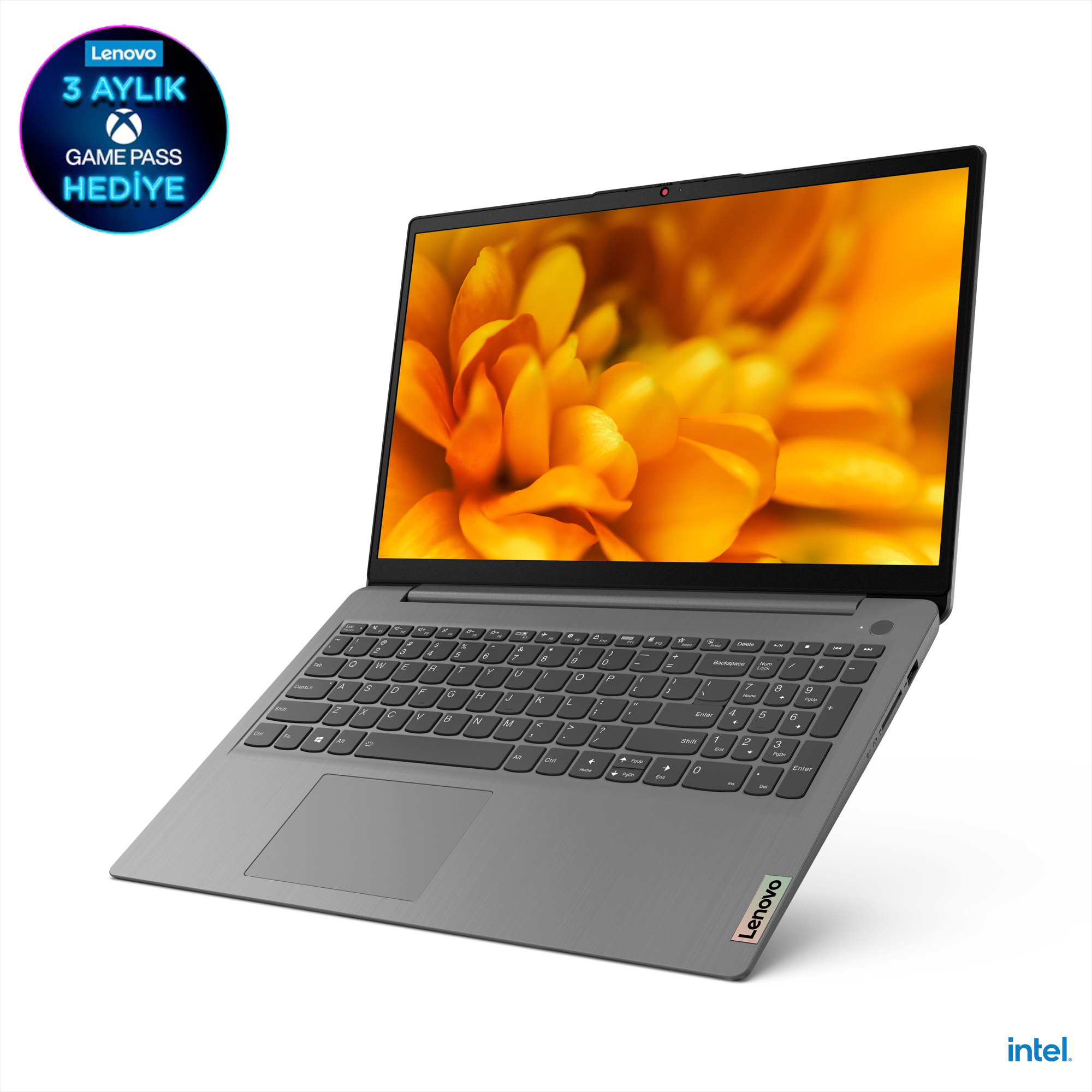Açık ekranlı dizüstü bilgisayar, bir çiçek gösteriyor. Altta Lenovo logosu, mavi Game Pass teklifi.
