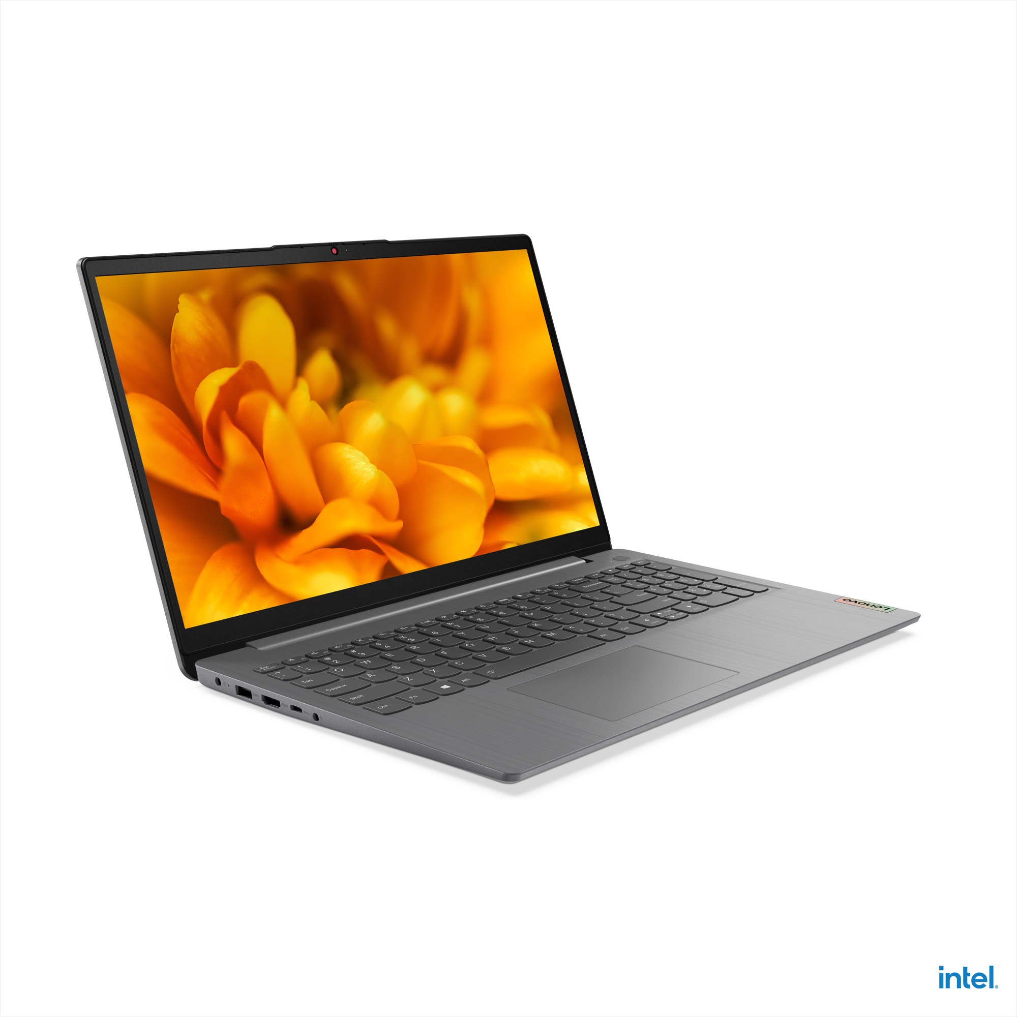 Gri Lenovo dizüstü bilgisayar, açık. Ekran turuncu bir çiçek gösteriyor. Beyaz arka plan.