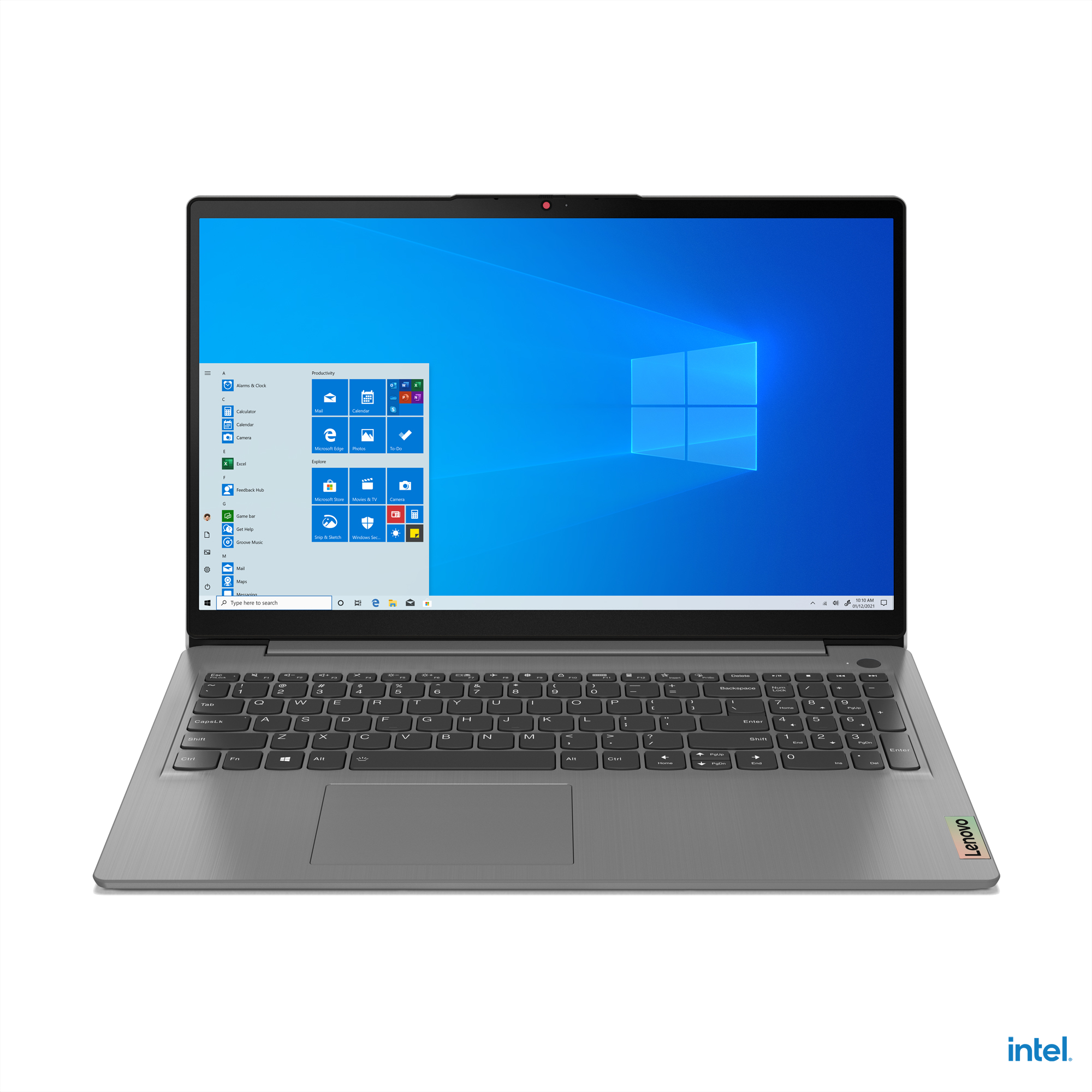 Windows 10 arayüzünü gösteren gümüş dizüstü bilgisayar. Siyah klavye, gri çerçeve.
