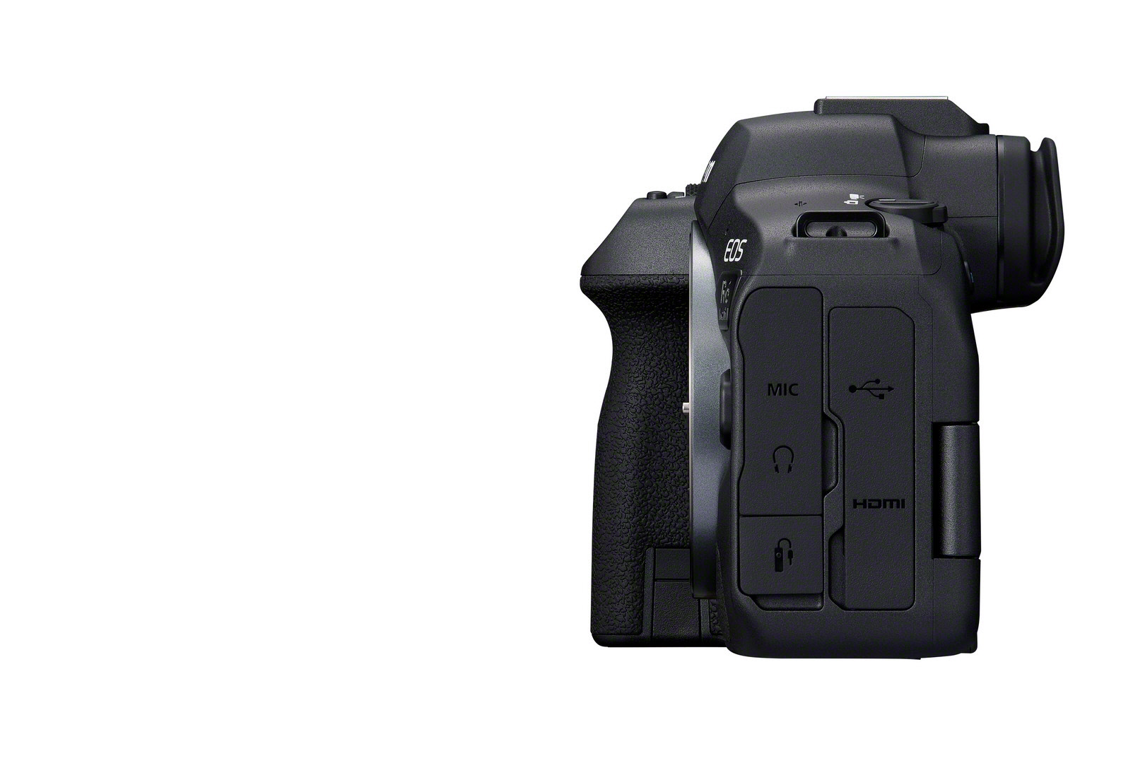 Eine schwarze Canon EOS Kamera, Seitenansicht, auf weißem Hintergrund.