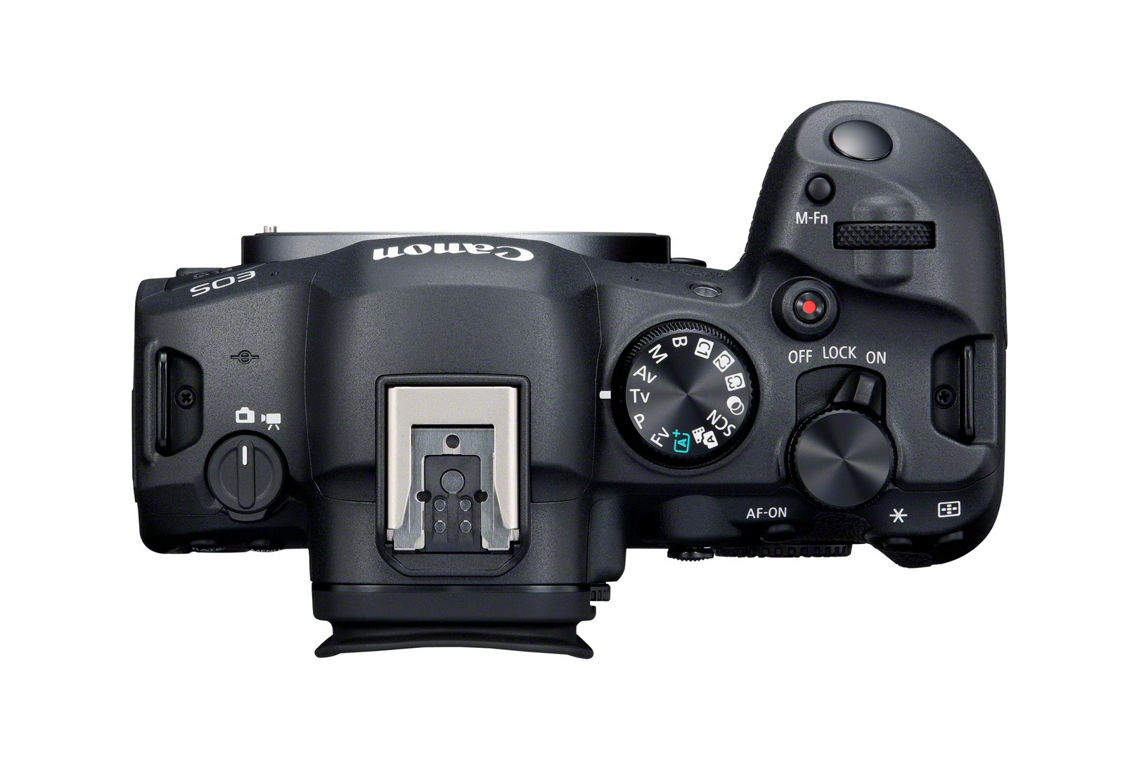 Draufsicht auf eine schwarze Canon EOS Kamera mit Knöpfen, Rädern und Blitzschuh.